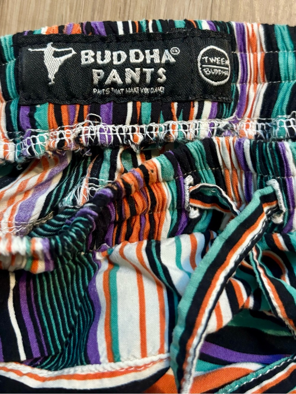 Buddha Pants Kids Striped Joggers in Teal, Orange, Purple & Black